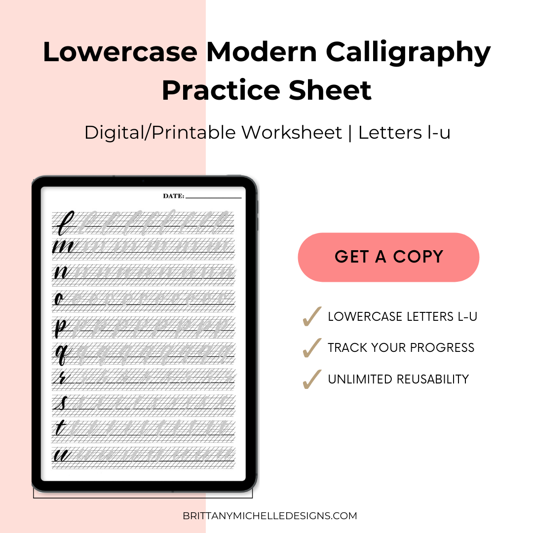 Digital/Printable Lowercase Modern Calligraphy Practice Sheet (l-u)